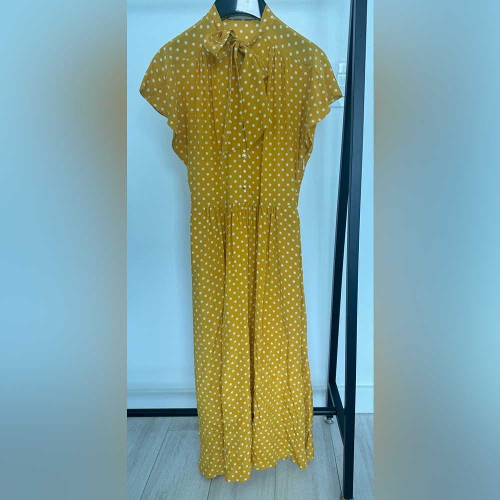 100% Silk Yellow Polka Dot Celine Dress with Pockets